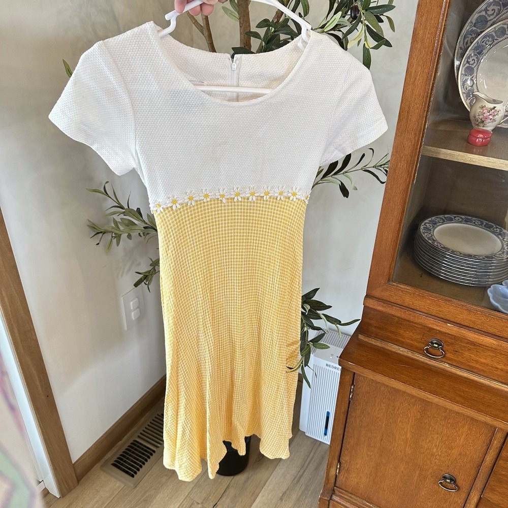 VTG 90's AMY TOO White Yellow Gingham Daisy Sundress Knee Length‎ 8 READ